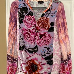 Hale Bob Lavender Floral V-Neck Long Sleeve Tunic with Pink & Orange Blooms